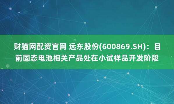 财猫网配资官网 远东股份(600869.SH)：目前固态电池相关产品处在小试样品开发阶段